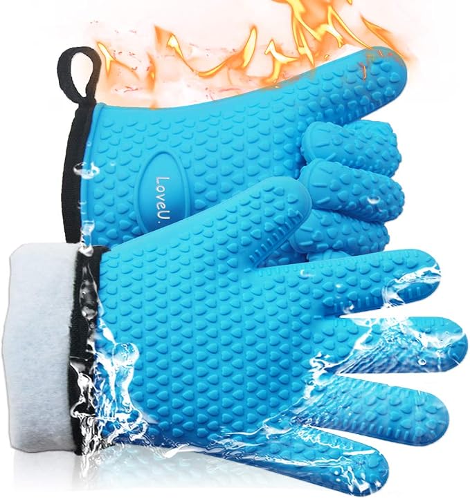 Silicone Oven Mitts Gloves - Heat Resistant, Non-Slip for BBQ, Grilling | 450°F Double-Layer｜Waterproof Kitchen Cooking Barbecue Mittens ｜5 Finger Hot Mitt for Baking, Smoker& Cast Iron(One Size)
