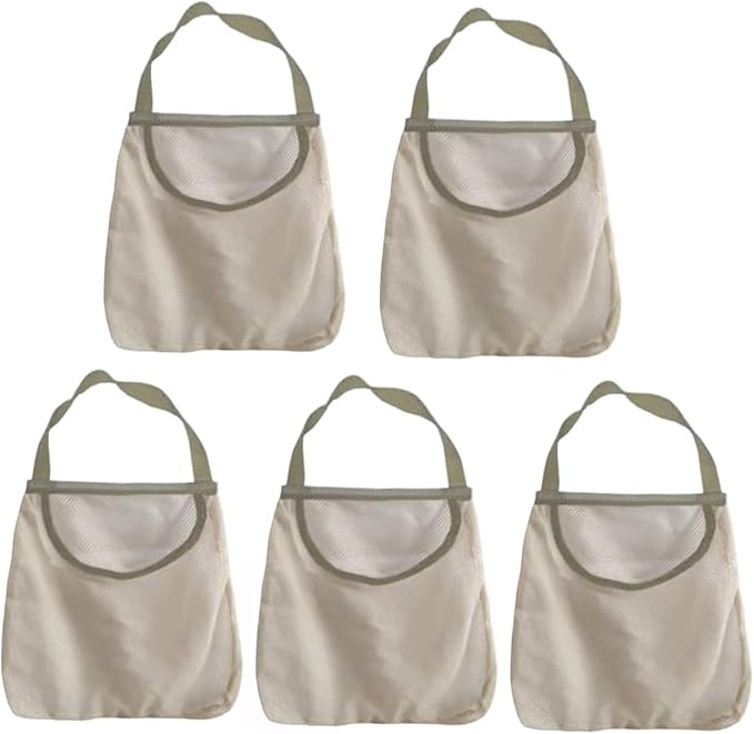 Ahyuan 5 Pack Hanging Mesh Storage Bags For Potatoes,Onions,Garlics,Vegetables Long and Large Reusable Net Storage Tote Bags for Fruit Veggies Green Pepper or Garbage Bag (Beige)