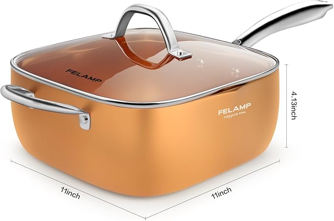 FELAMP 11-Inch Ceramic Nonstick Deep Square Frying Pan Set with Glass Lid, Stainless Steel Fry Basket & Steamer Rack, Induction Compatible, Oven &Dishwasher Safe, 4-Piece Copper Pan Chef Cookware Set