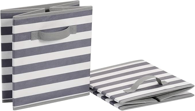 Amazon Basics Collapsible Fabric Storage Bins with Handles, Cube Organizer for Home Organization, White/Light Grey Stripe, 10.5"x10.5"x11" (Pack of 30)