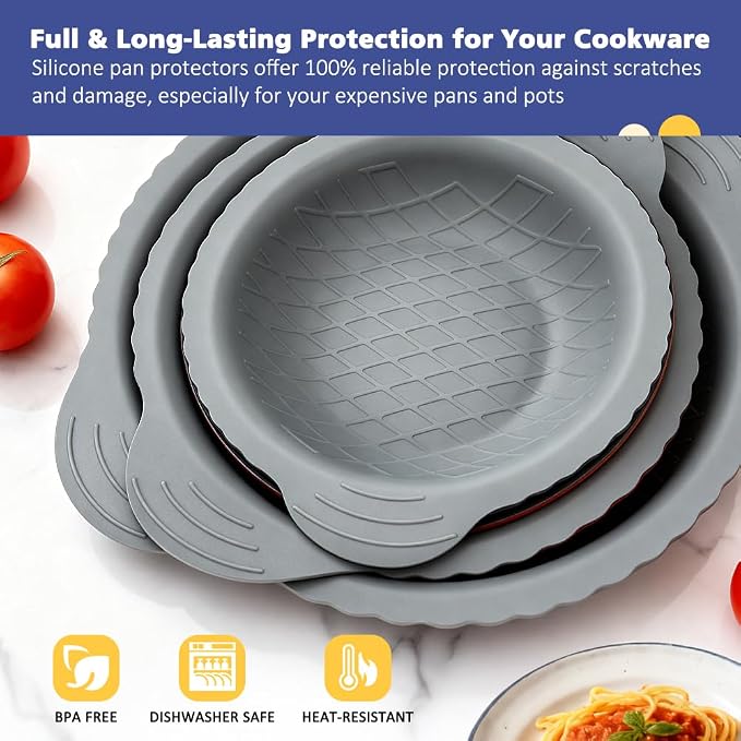 BYKITCHEN 3PCS Silicone Pan Protectors with 6PCS Felt Pot Separators Pads | Cookware Dividers for Stacking and Protecting Your Cookware,Compatible with Hexclad Cookware, Tfal Nonstick Frying Pans &More