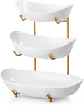 HBlife Large Fruit Bowl for Kitchen Counter - 3 Tier Fruit Basket with Gold Metal Stand, Ceramic Fruit Holder, Tiered Serving Trays for Party