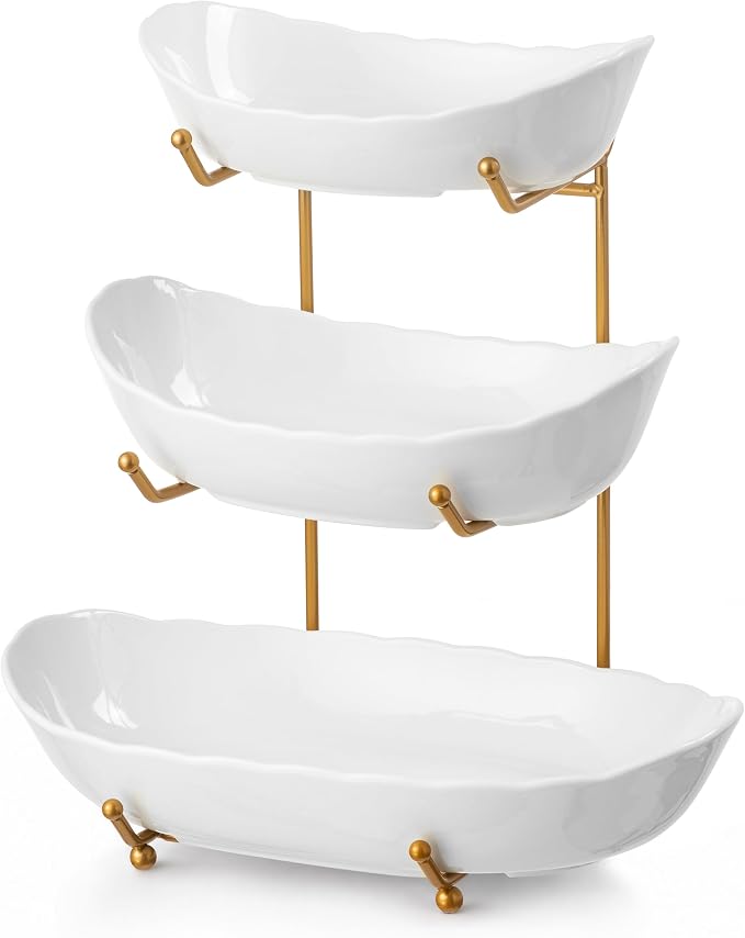 HBlife Large Fruit Bowl for Kitchen Counter - 3 Tier Fruit Basket with Gold Metal Stand, Ceramic Fruit Holder, Tiered Serving Trays for Party