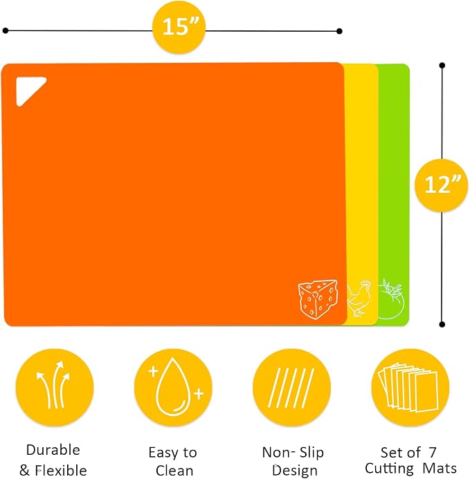 7 Pieces Plastic Flexible Cutting Boards for Kitchen, BPA- Free,15"x12" | Non Slip Cutting Mats with Food Icons, Easy-Grip Handles