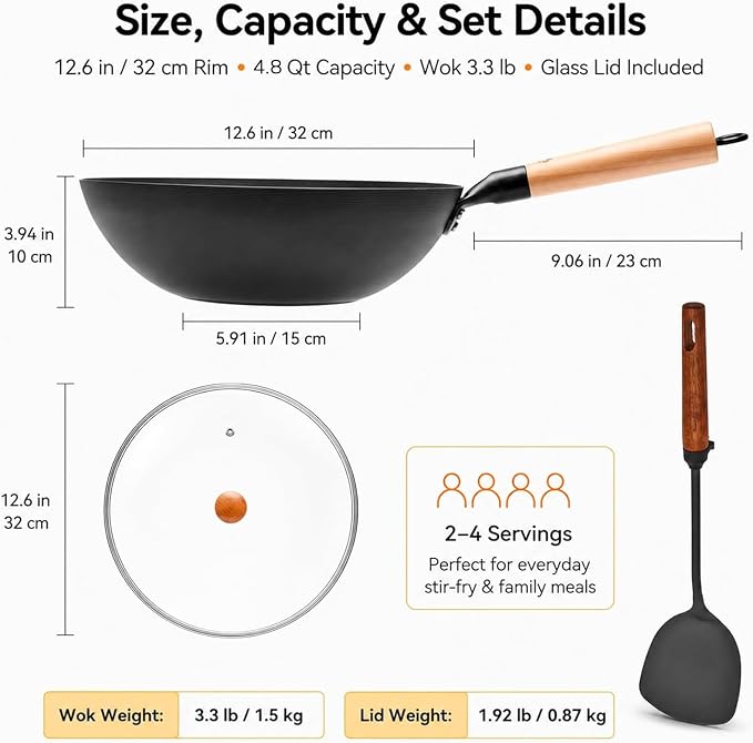 WANGYUANJI 12.6 Inch Carbon Steel Wok Pan with Glass Lid and Spatula, Nitrided Flat Bottom Wok Set, Uncoated Stir Fry Pan for 2-4 Servings, Gas, Electric, Ceramic and Induction Cooktops