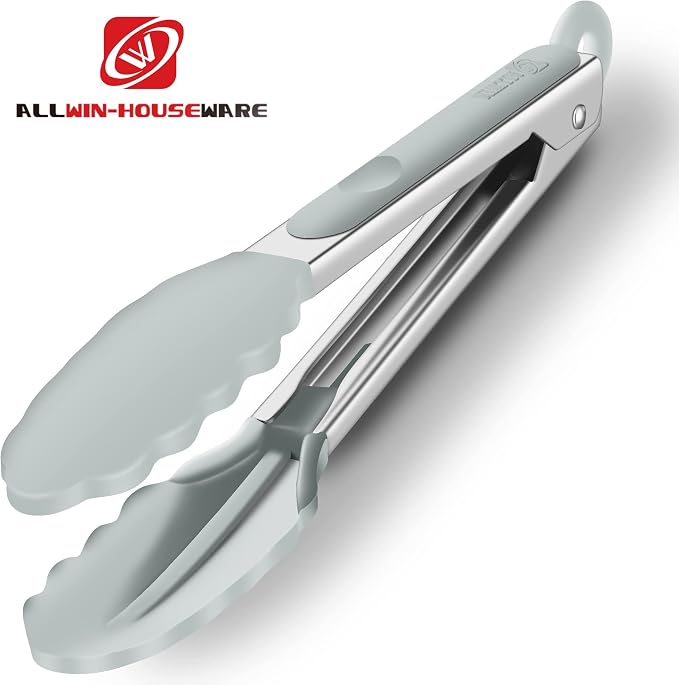 2 Pack Silicone Kitchen Tongs – 9" & 12" Set, Heat Resistant up to 500°F, Non‑Stick Cookware Safe, Wavy Silicone Tips, BPA Free, Locking Clip & Hanging Loop, Warm Grey
