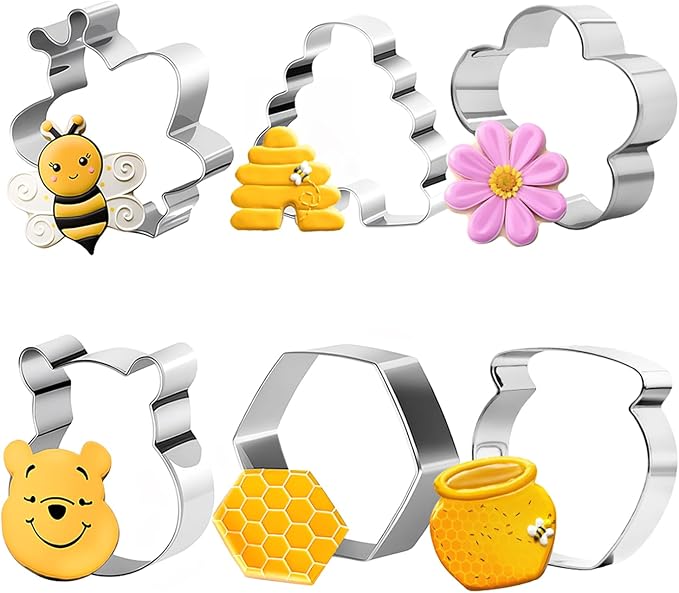 Bee Cookie Cutters Set, 6PCS Stainless Steel Honey Bear Molds | Beehive & Honey Jar Cookie Cutters Ideal for Cartoon Bear Party Baking Muffins Sandwiches Cake Fondant Birthday Decoration