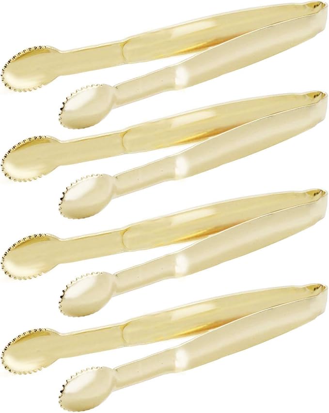 HINMAY Mini Serving Tongs 5 Inches Appetizer Tongs, Set of 4 (Gold)