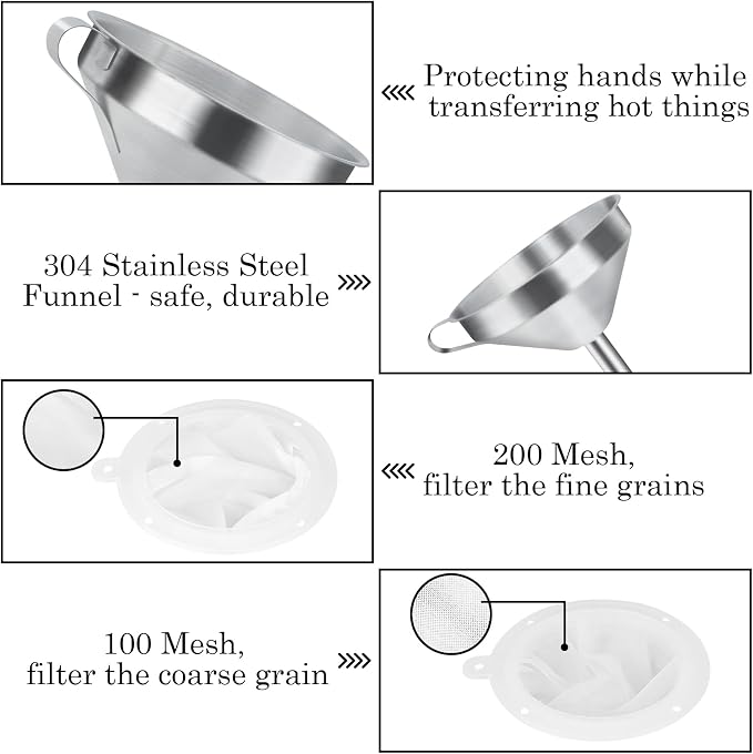WMKGG 304 Stainless Steel Funnel, 5 Inch Funnels for Kitchen Use Filling Bottles, with 200 Mesh and 100 Mesh Fine Mesh Strainer, for Oils, Juice, Wine, Coffee, Milk, Tea, Powder