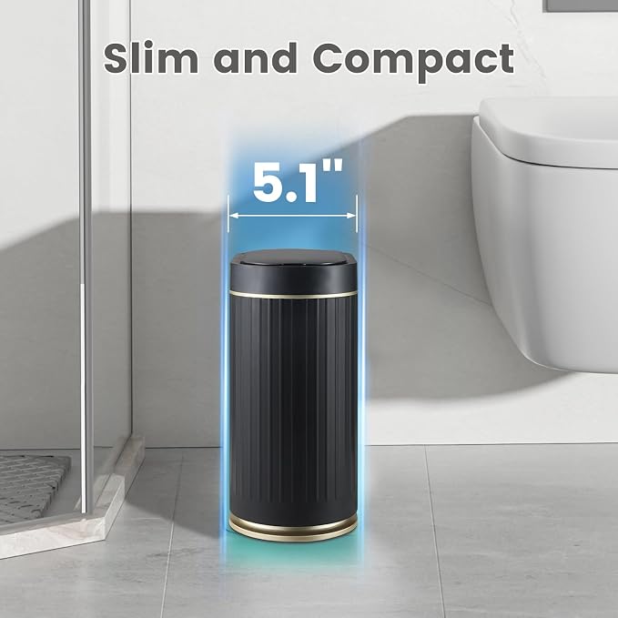 ELPHECO Slim Bathroom Trash Can with Lid, 2 Gallon Black Golden | Smart Garbage Can, Plastic Wastebasket, Narrow Garbage Bin, Waterproof Bathroom Decor for Bedroom