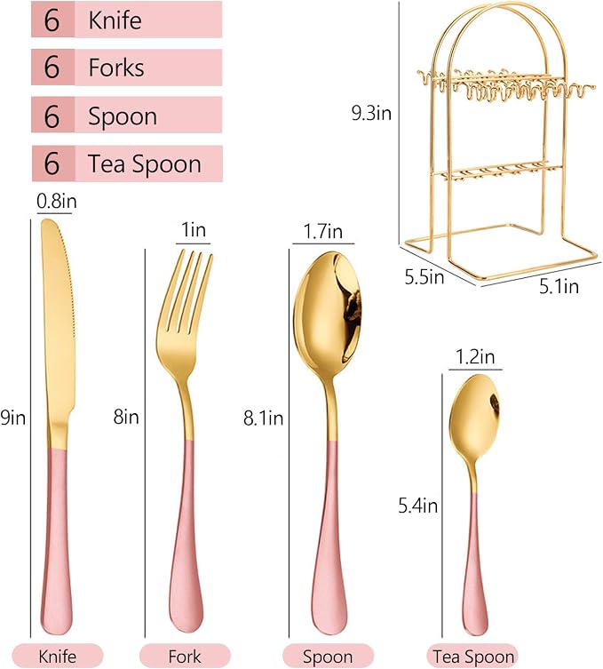 24 Pieces Silverware Set, Stainless Steel Cutlery Set with Holder, Flatware Set for 6 Person Tableware Set Includes Dinner Knives Forks Spoons Teaspoons, Mirror Polished (Pink Gold)