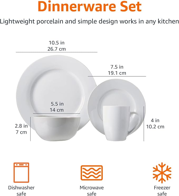 Amazon Basics 16-Piece Porcelain Dinnerware Set, Microwave and Dishwasher Safe, Service for 4, Plates, Bowls and Mugs, White