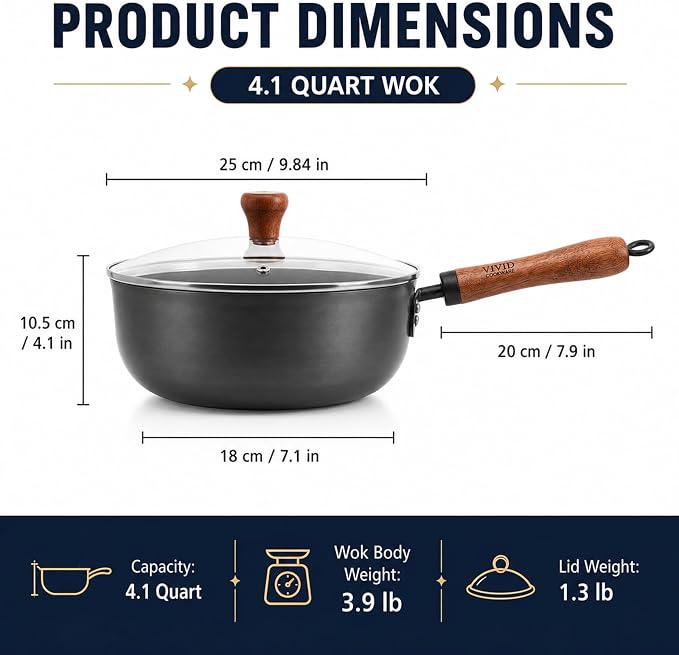 4 Qt Nitrided Carbon Steel Deep Wok with Lid, Flat Bottom | Deep 4 Qt nitrided steel for braising, soups, noodles and one-pot meals; wooden handle; gas, electric and induction ready.