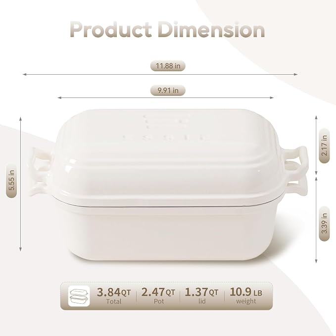 Enameled Cast Iron Dutch Oven for Sourdough Bread Baking, Dutch Oven Pot with Lid, 10×6 Bread Loaf Pans with Lid for Homemade Bread, Cake, Meatloaf, Oven&Induction Safe (White, 3.84 QT)