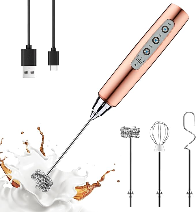 YUSWKO Rose Gold Handheld Milk Frother Wand for Coffee, Rechargeable Electric Whisk Drink Mixer Coffee Frother For Latte, Cappuccino, Hot Chocolate, Egg | Drink Mixer Wand Coffee Frother Handheld With 3 Heads 3 Speeds For Latte, Cappuccino, Hot Chocola...