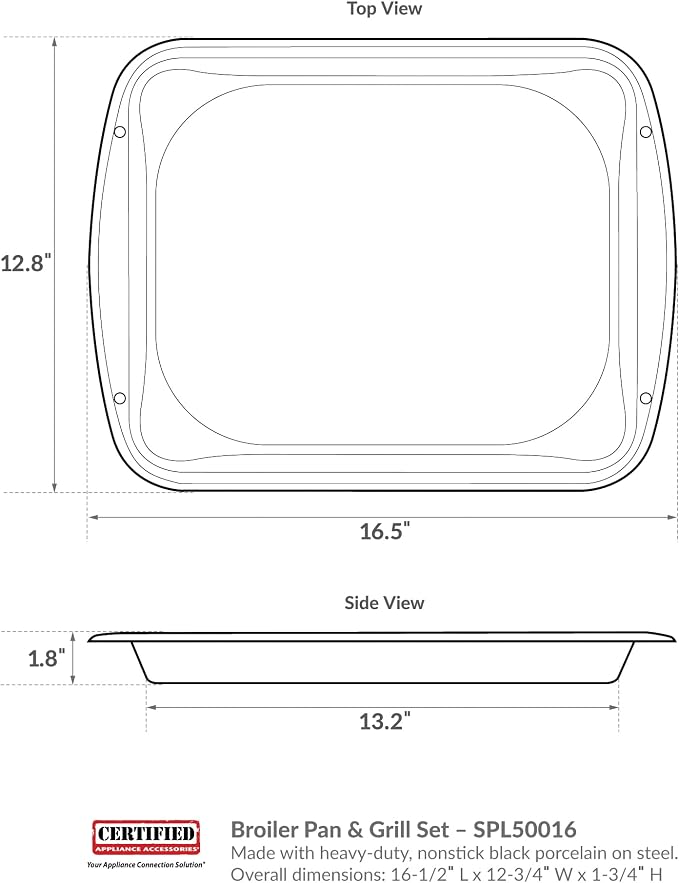 Certified Appliance Accessories Large 2-Piece Broiler Pan & Grill Set Porcelain-on-Steel 16-1/2"x12-3/4"x1-3/4", Universal, Whirlpool, Broiler Pan for Oven, Black