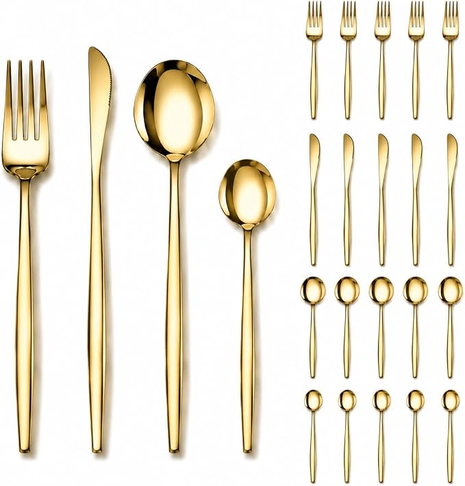 24-Piece Gold Silverware Set for 6, Stainless Steel Flatware Cutlery Set, Eating Utensils Set Tableware Included Steak Knives Spoons and Forks Set For Home,Restaurant,Party