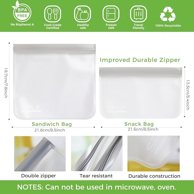 SPLF 10 Pack Reusable Sandwich Bags Dishwasher Safe, Gray | Reusable Quart Freezer Bags, Extra Thick Leakproof Food Storage Bags Silicone Free for Marinate Meats, Cereal, Lunch, Travel