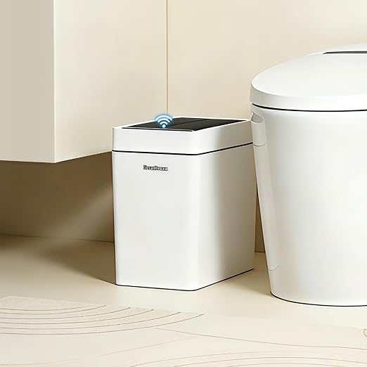 4.5 Gallon Slim Bathroom Touchless Trash Can, Automatic Smart Trash Can with Air-Press Bag Expander, Sensor Lid Waste Bin for Bedroom, Office & RV, White