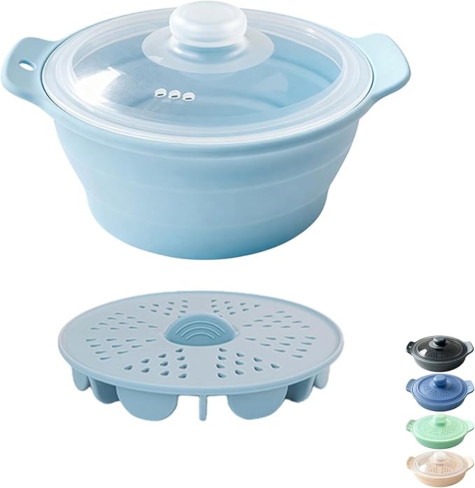 42oz Silicone Microwave Food Steamer with Steam Basket, Collapsible Steamer for Cooking Vegetable, Seafood, Dumplings, Rice Cooker, BPA Free Small Steam Pot with Handle & Lid, Dishwasher Safe (Blue)
