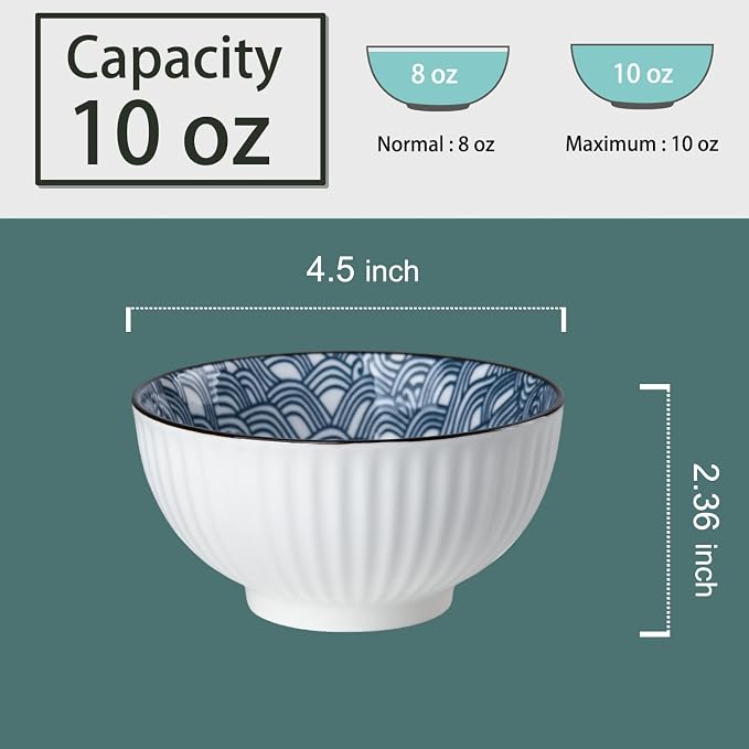 10 oz Small Ceramic Bowls Set of 6, 4.5 Inch Japanese Blue and White Bowls for Ice Cream, Rice, Dessert, Snack, Dipping, Microwave and Dishwasher Safe - Wave Pattern