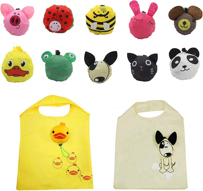 10PCS Animals Folding Shopping Bags Reusable Shopping Tote Compact Eco Bags | Reusable Grocery Bags Foldable Machine Washable Reusable Shopping Bags,Lightweight Polyester Fabric