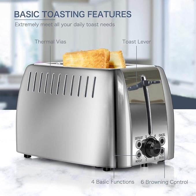 Toasters 2 Slice Wide Slot Stainless Steel Toaster for Bagels | 6 Browning Setting, Bagel/Reheat/Defrost/Cancel Function, Slim Toaster 2 Slice, Bread & Bagel Toaster