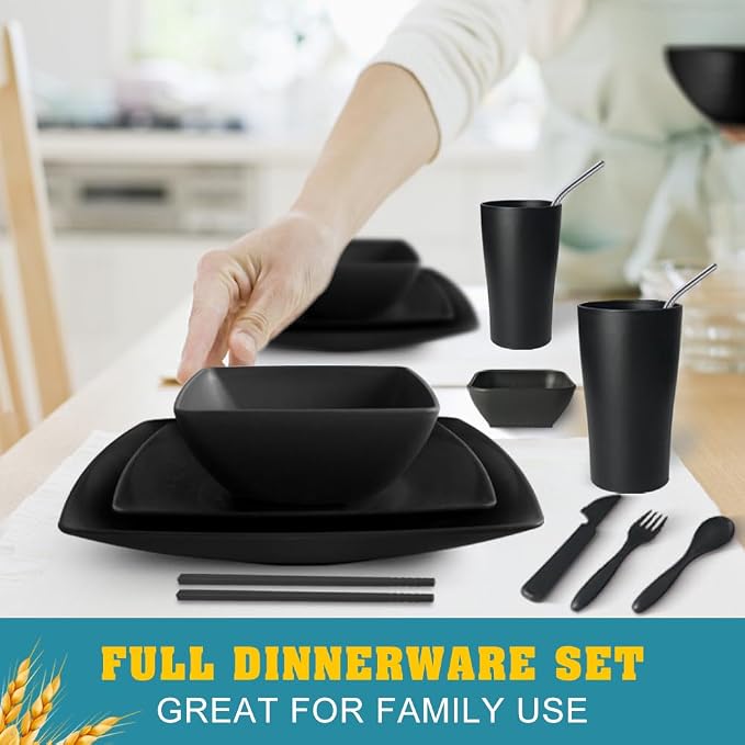 Teivio 88-piece Flatware Plates and Bowls Sets for 8, Black Dinnerware Sets | Plastic Wheat Straw Dish set,Unbreakable Dinner Plate set,13.5oz Cups, Dishwasher,Outdoor Kitchen RV Camping Dorm Essentials