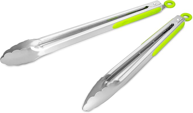 304 Stainless Steel Kitchen Cooking Tongs, 12 & 14 Inch, Set of 2, Green | Locking Food Tongs with Non-slip Grips and Hanging Loops for Cooking, Grilling, BBQ and Serving, Dishwasher Safe