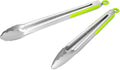 304 Stainless Steel Kitchen Cooking Tongs, 12 & 14 Inch, Set of 2, Green | Locking Food Tongs with Non-slip Grips and Hanging Loops for Cooking, Grilling, BBQ and Serving, Dishwasher Safe