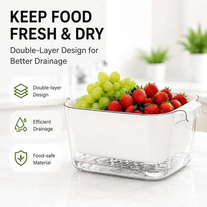 Double Layer Draining Basket for Kitchen, Fruit & Vegetable Washing Colander with Water Catch Tray, Food Grade Drain Basket, Large Capacity Produce Washer, Kitchen Strainer Bowl, Easy to Clean