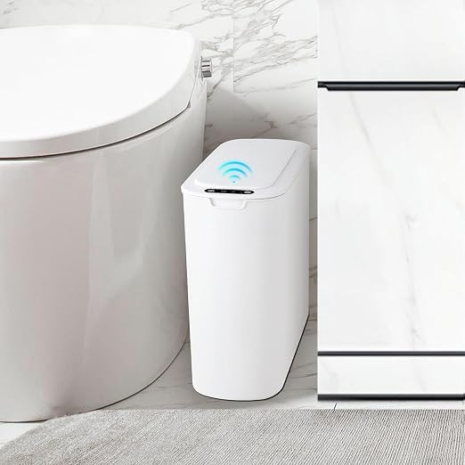 TIPGO Automatic Small Bathroom Trash Can with Lid, 2.6 Gallon, White | Motion Sensor, Plastic, Touchless, Odor Control, Smart Garbage Can, Battery Operated, Manual Button, for Bedroom, Office