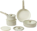 Amazon Basics Ceramic Nonstick Cookware Set with Detachable Handles, 11-Piece Stackable, All Cooktop Friendly, Dishwasher-Safe, Includes Saucepan, Frying Pan, Glass and Plastic Lids, Linen Gray