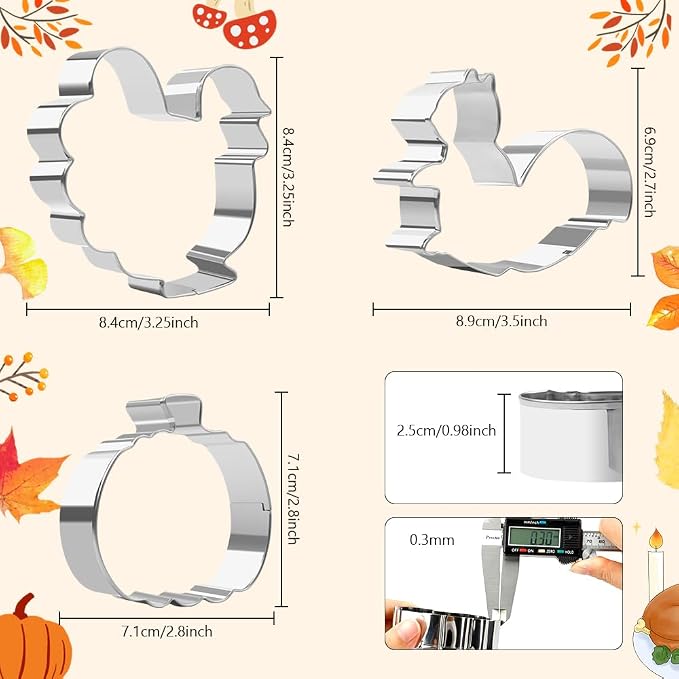 Thanksgiving Cookie Cutters, Fall Cookie Cutters, Leaf Cookie Cutters, Pumpkin Cookie Cutter, 3PCS Large 3.2" to 3.6" Autumn Cookie Cutters Fall Theme Holiday Shapes of Turkey, Squirrel, Pumpkin