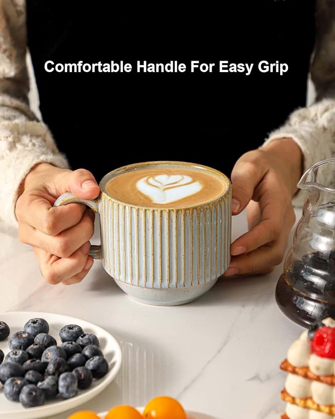 HASENSE Coffee Mug Ceramic Set of 4 with Stand - 15 oz Rustic Farmhouse Stackable Ribbed Latte Cup Set for Cappuccino, Tea, Hot Cocoa, Drinks - Dishwasher & Microwave Safe, Lavender Gray