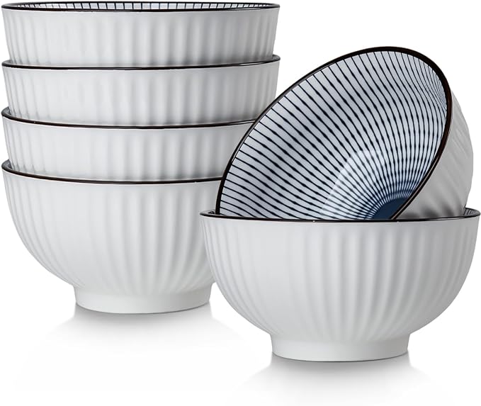 10 oz Small Ceramic Bowls Set of 6, 4.5 Inch Japanese Blue and White Bowls for Ice Cream, Rice, Dessert, Snack, Dipping, Microwave and Dishwasher Safe - Striped Pattern
