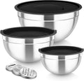 TeamFar Mixing Bowls, Stainless Steel Nesting Salad Bowls Set | Mixing Bowls with Lids & 3 Grater Attachments, For Mixing/Serving/Storing, Non-toxic & Long-lasting, 4.6/3/1.5 QT, Black