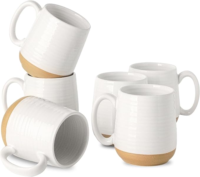 HASENSE Porcelain Coffee Mugs Set of 6, 15 Ounce Large Ceramic Coffee Cups Set with Handle for Latte, Tea, Cocoa and Hot Chocolate, White Coffee Mugs for Men and Women, Microwave Safe