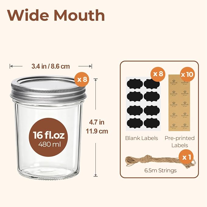 ComSaf 16 oz Wide Mouth Mason Jars Bulk Set, 8 Pack Jars with Lids | BPA-Free Materials, Clear Body, Salad Prep, Pickles, Overnight Oats, Honey, Candle Making, Wedding Favors
