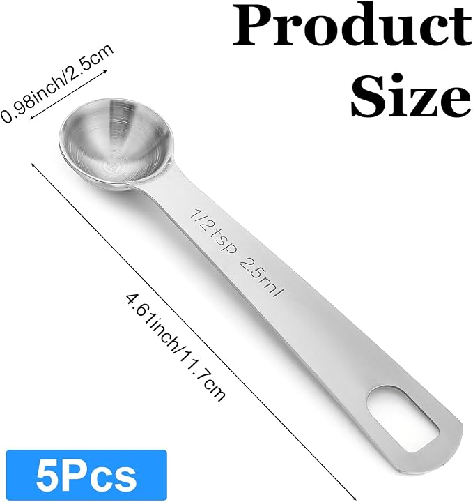 5PCS 1/2 Teaspoon Measuring Spoon, 4.5 Inch Stainless Steel 1/2 Teaspoon Scoop Short Handle for Precise Cooking & Baking (Silver, 2.5ml)