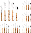 30PCS Silverware Set for 6, Bamboo Handle Flatware Set, Stainless Steel Cutlery Set for Home Restaurant and Party, Bamboo Forks Spoons and Knives Set, Polished Tableware