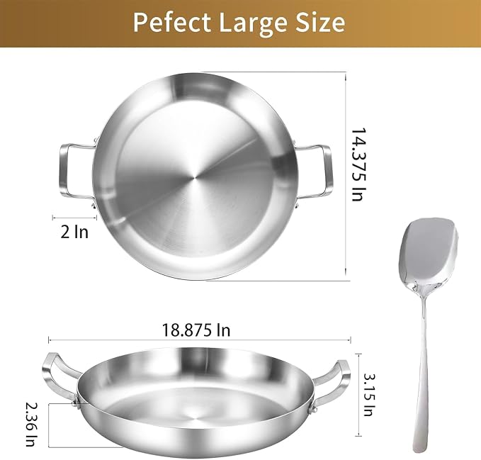 Inqibee 14 Inch Tri-ply Stainless Steel Paella Pan with Lid | Large Frying Pan with Double Riveted Handles, Wide Shallow Paella for Stovetop, Induction Compatible, Oven Safe, 4-6 Servings