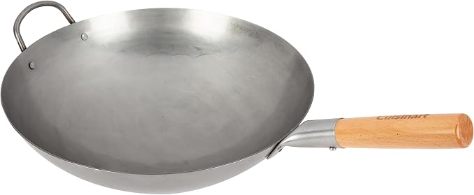 Cuisinart 14” Carbon Steel Hammered Wok, Traditional Round Bottom, Stir Fry Pan with Wooden & Helper Handle for Authentic Asian Cuisine, Wok Hei Cooking Perfect for Stir-Fry, Sauté & Deep Fry