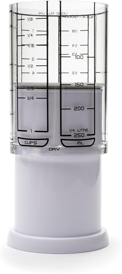 KitchenArt 1 Cup Adjust-A-Cup, Plastic, White | Plunger Measuring Cup | Measures Between 1/8 Cup to 1 Cup | Includes Conversions | Kitchen Gadget | Measures Solids & Liquids