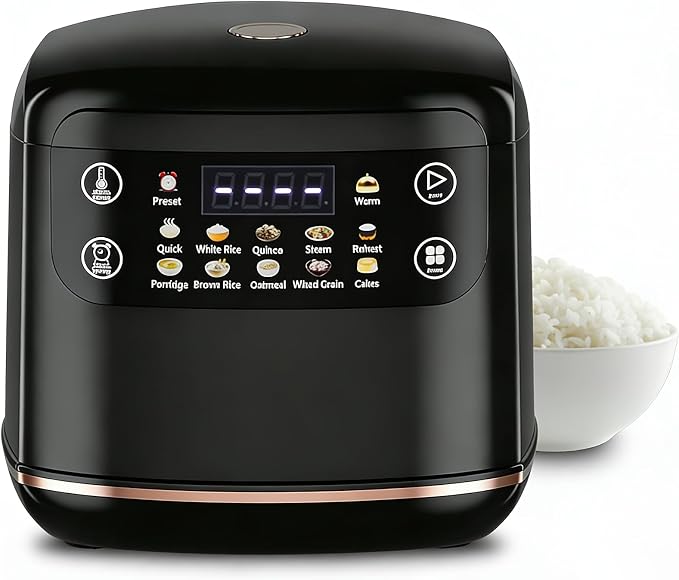 Portable Digital Rice Cooker, 6-Cup (Uncooked)/12-Cup (Cooked) Small Rice Maker with Steaming Basket, Mini Rice Cooker with 2L Removable Nonstick Inner Pot, 10 Menu Options, Auto Keep Warm, 24 Hour Delay Timer (Black)