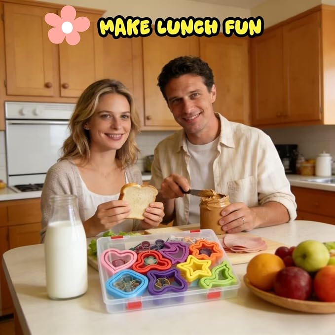 Uncrustable Sandwich Cutter, Crustless Sandwich Cutter and Sealer Set | 43PCS Sandwich Cookie Cutters & Forks, Heart Square Dino Unicorn etc Shapes, Lunch & Bento Box Accessories with Storage Box