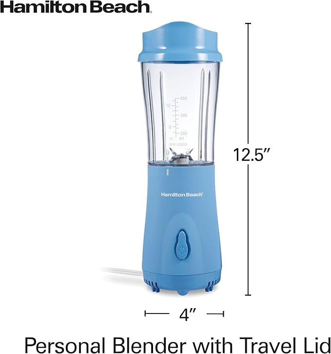 Hamilton Beach Portable Blender for Smoothies With 14 oz. Travel Jar | BPA Free Jar & Lid | Durable Stainless Steel Blades | 300 Watts Peak Power | Personal Smoothie Blender | Blue | 51172G