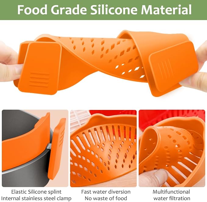 YEVIOR Clip on Strainer for Pots Pan Pasta,Silicone Food Pan Strainer | Food-grade BPA-free,Kitchen Food Strainer for Spaghetti, Pasta,Vegetable Fruits Fits All Bowls and Pots,Orange