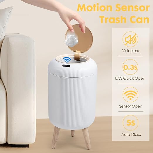 Motion Sensor Bathroom Trash Can,3 Gallon Auto Touchless Trash Bin | Automatic Garbage can with Lid and Legs,Electric,Tall,Plastic,Small White wastebasket for Bedroom,office,kitchen,RV,Toilet