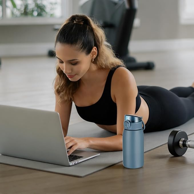 Insulated Water Bottle 12 oz with Dustproof Lid, Carry Handle & Tea Infuser, BPA-Free & Leakproof, Stainless Steel Water Bottles Ideal for Fitness, Hiking, Office & Outdoor Use （Navy Blue ）